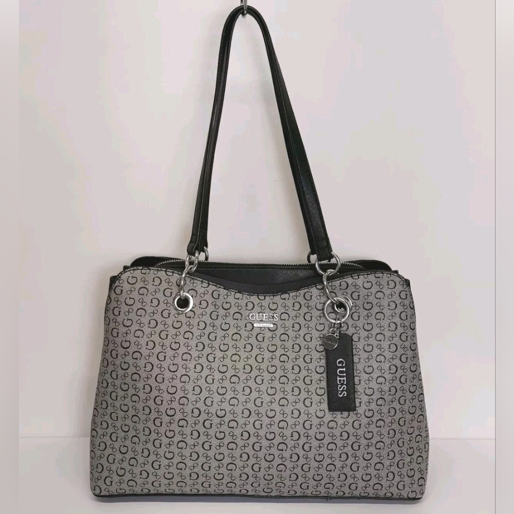 Guess Monogram Purse Black Gray Compartments Double Handles